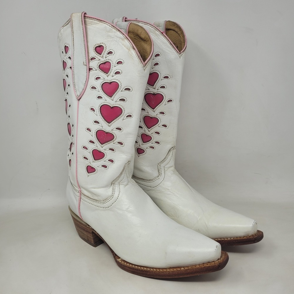 Herencia Boots 7.5 White Pink Heart Cutout Western Pointed Toe